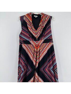 Chicos Maxi Dress Womens 1 Medium Black Multicolor Geometric Ikat V-Neck Stretch